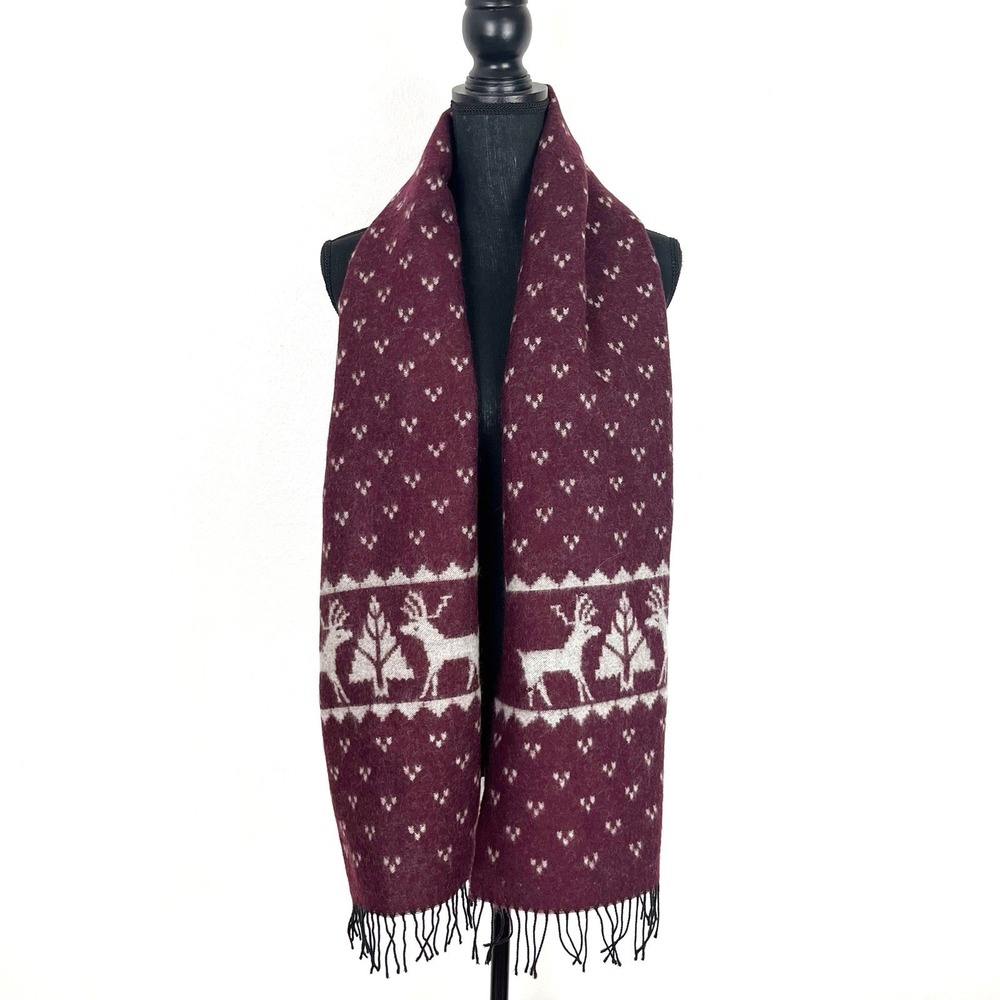 Wool Scarf Fair Isle Nordic Burgundy & Gray Winter